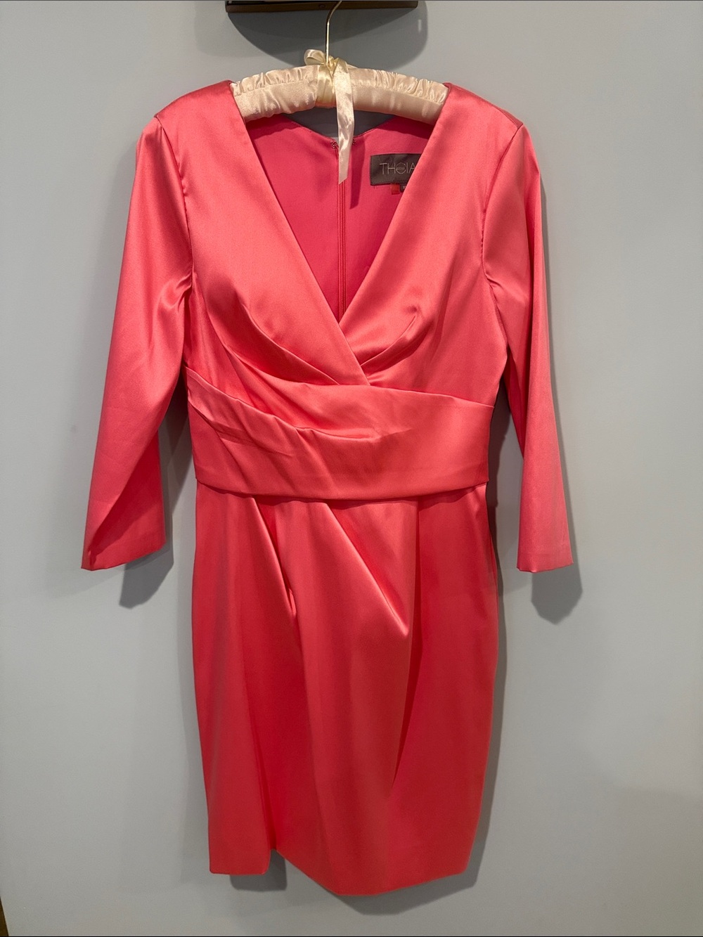 Theia Coral Satin V-Neck Midi Dress